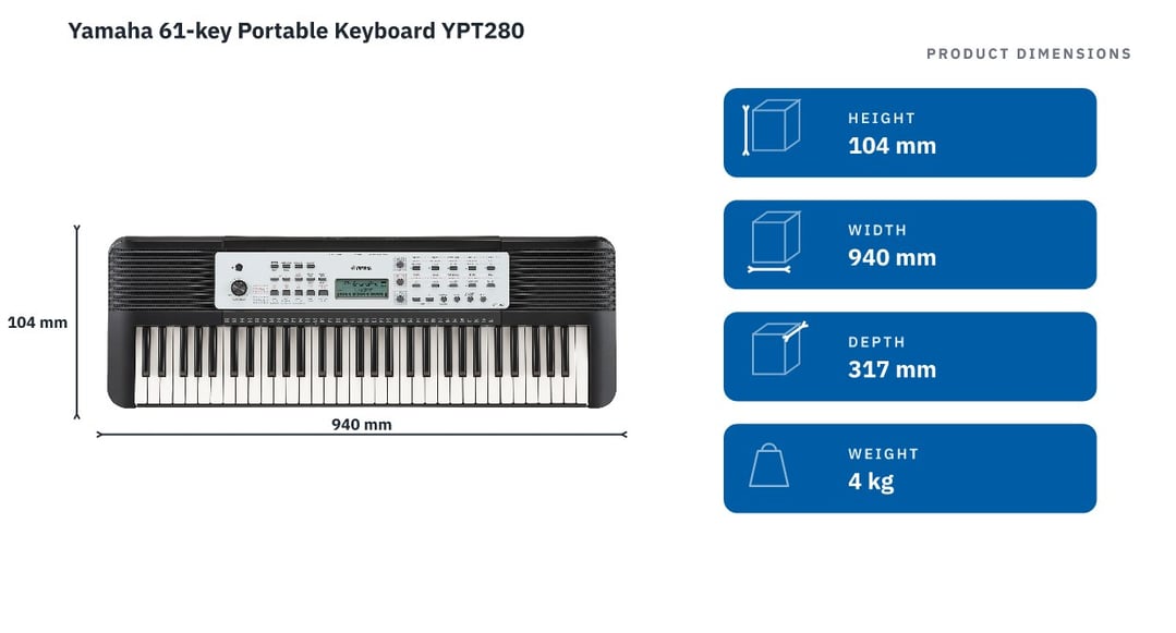 Yamaha 61-key Portable Keyboard YPT280 — product dimensions