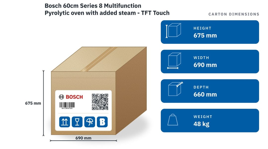 Bosch 60cm Series 8 Multifunction Pyrolytic oven with added steam - TFT Touch display Plus HRG776MB1A