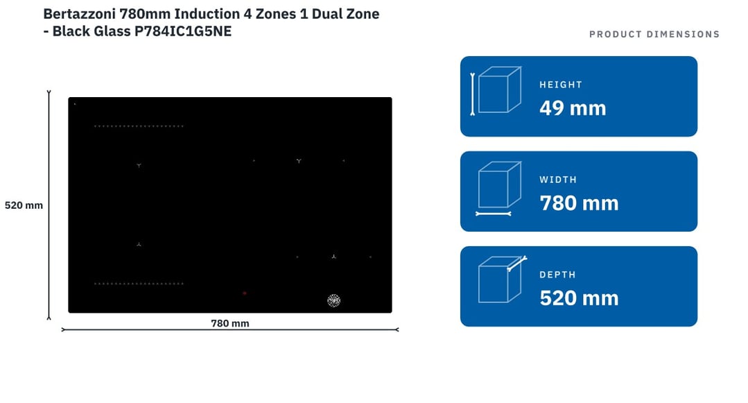 Bertazzoni 780mm Induction 4 Zones 1 Dual Zone - Black Glass P784IC1G5NE — product dimensions
