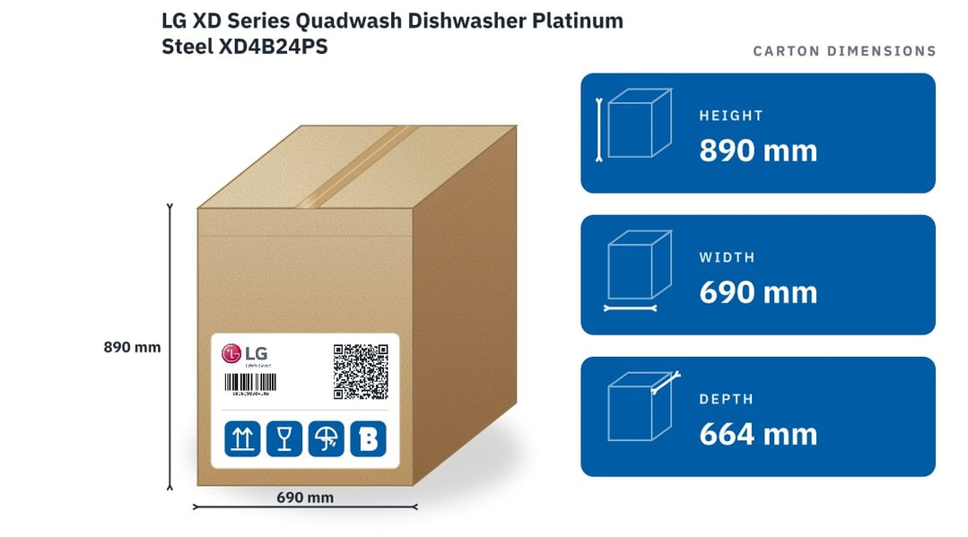 LG XD Series Quadwash Dishwasher Platinum Steel XD4B24PS — packaged dimensions