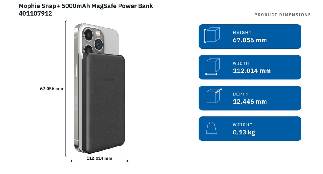 Mophie Snap+ 5000mAh MagSafe Power Bank 401107912 — product dimensions
