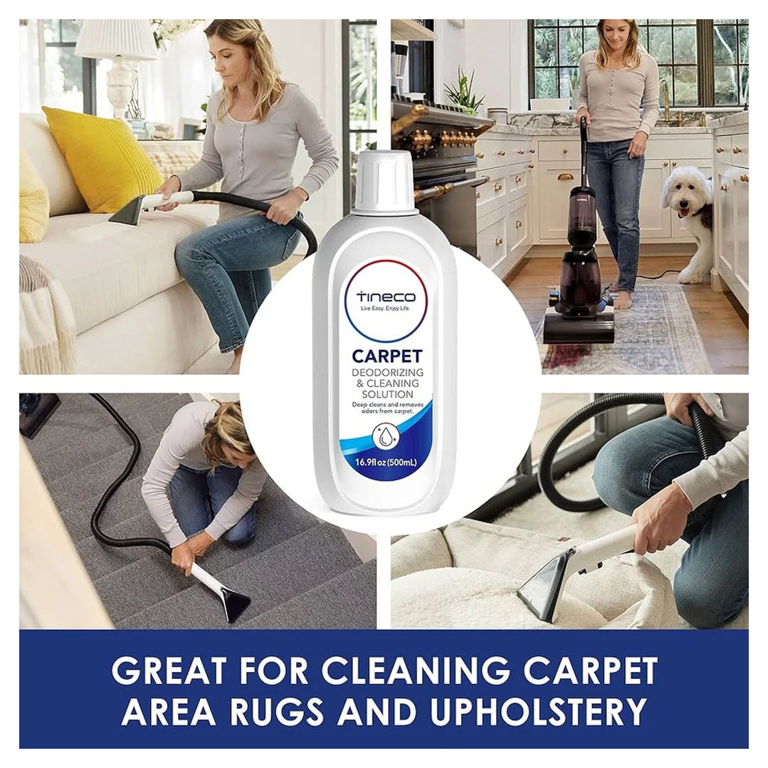 Tineco carpet cleaning solution with people cleaning carpet, rugs, and upholstery