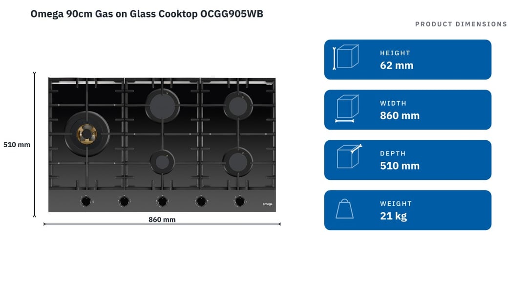 Omega 90cm Gas on Glass Cooktop OCGG905WB — product dimensions