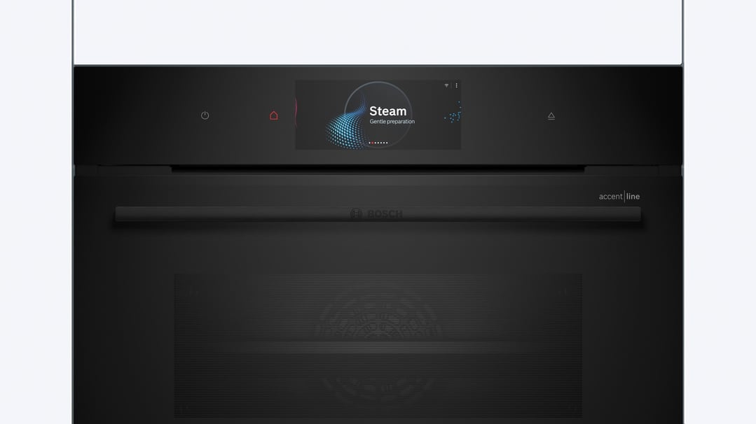 Black built-in compact oven with steam function displaying "Steam" on its screen