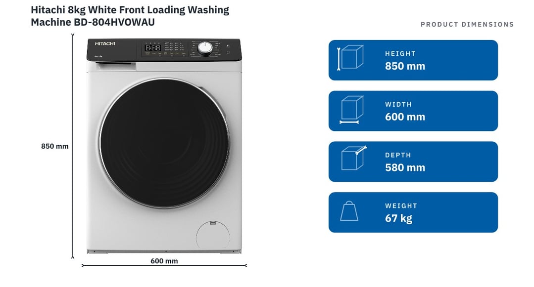 Hitachi 8kg White Front Loading Washing Machine BD-804HVOWAU — product dimensions