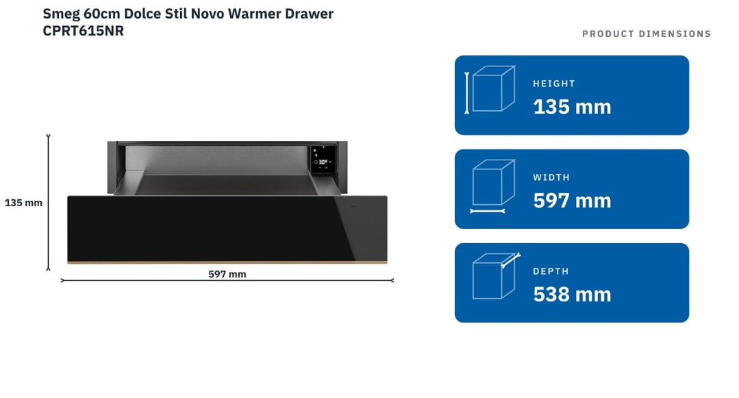 Smeg 60cm Dolce Stil Novo Warmer Drawer CPRT615NR — product dimensions