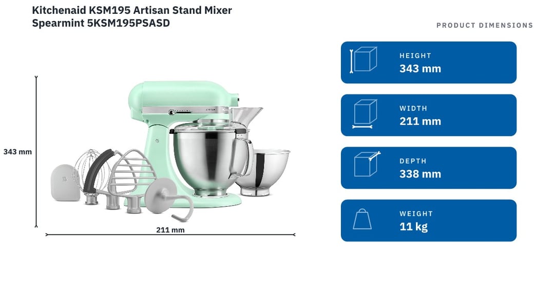 Kitchenaid KSM195 Artisan Stand Mixer Spearmint 5KSM195PSASD — product dimensions