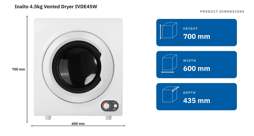 Inalto 4.5kg Vented Dryer IVDE45W — product dimensions