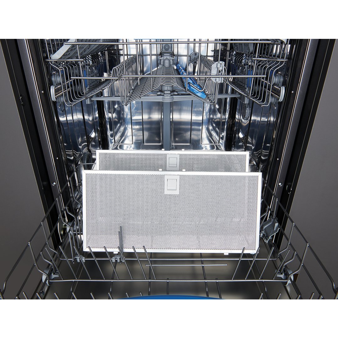 Two rangehood filters inside a dishwasher for cleaning