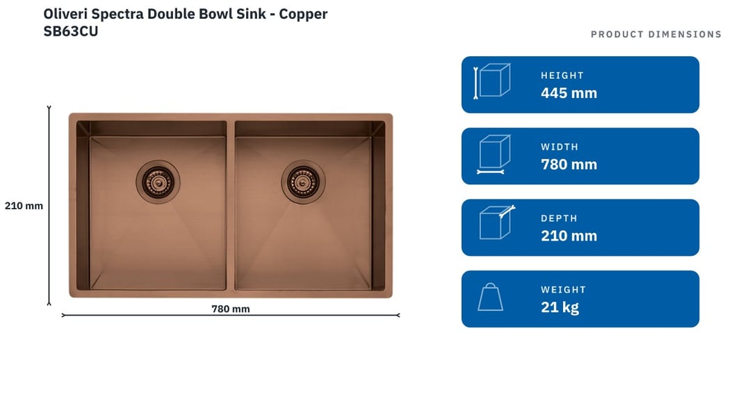 Oliveri Spectra Double Bowl Sink - Copper SB63CU — product dimensions