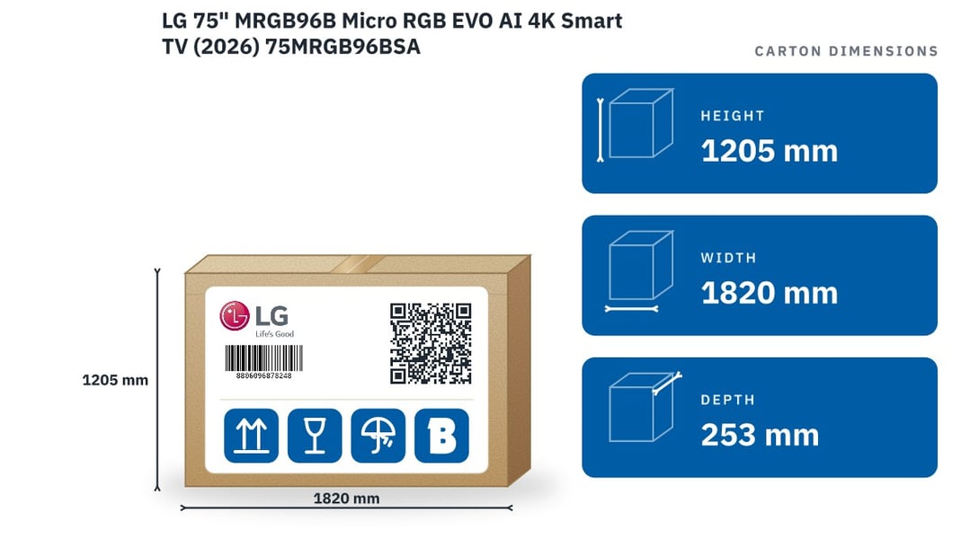 LG 75" MRGB96B Micro RGB EVO AI 4K Smart TV (2026) 75MRGB96BSA — packaged dimensions