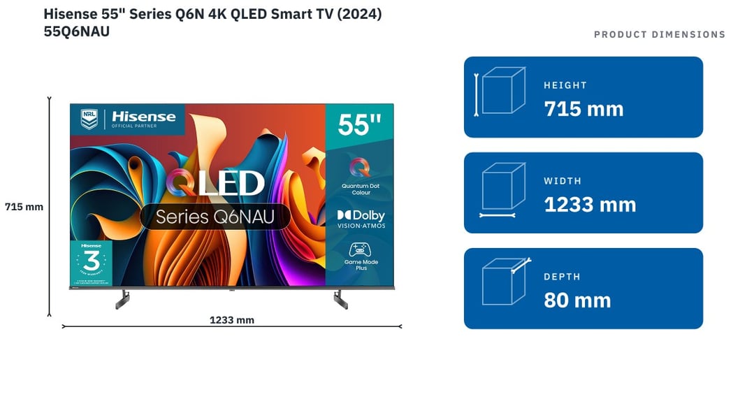 Hisense 55" Series Q6N 4K QLED Smart TV (2024) 55Q6NAU — product dimensions