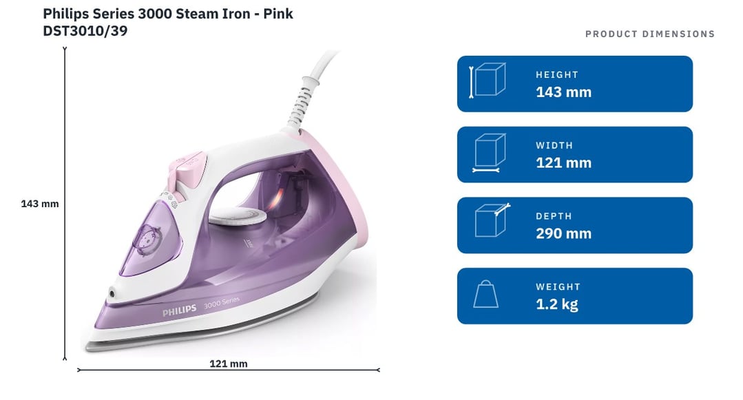 Philips Series 3000 Steam Iron - Pink DST3010/39 — product dimensions