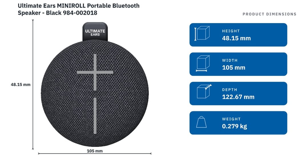 Ultimate Ears MINIROLL Portable Bluetooth Speaker - Black 984-002018 — product dimensions