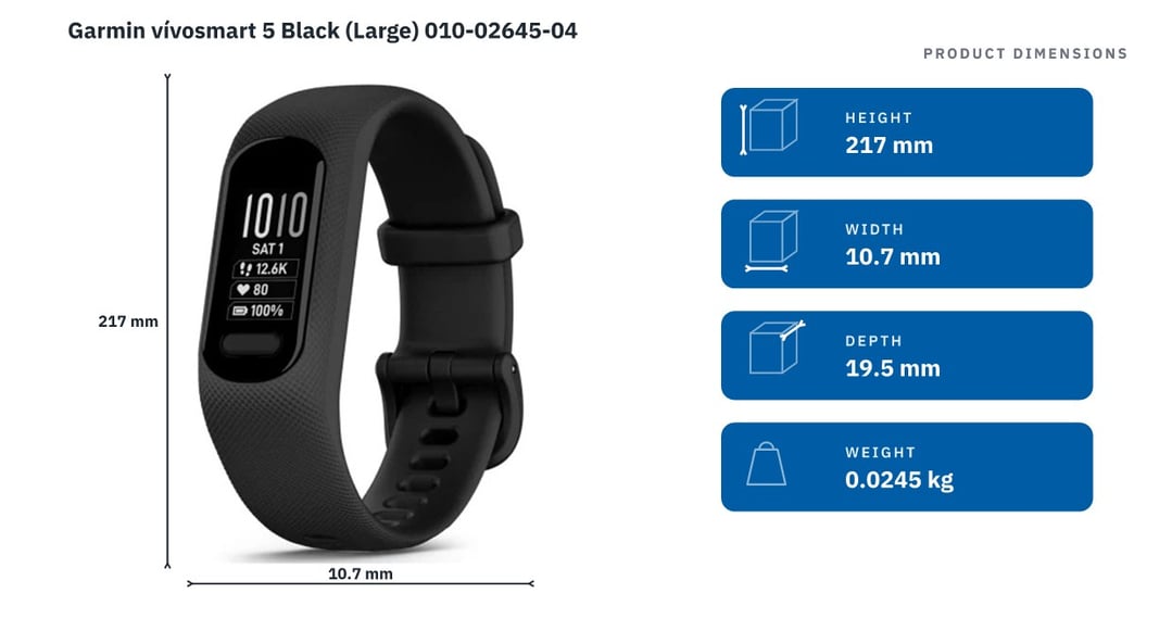 Garmin vívosmart 5 Black (Large) 010-02645-04 — product dimensions