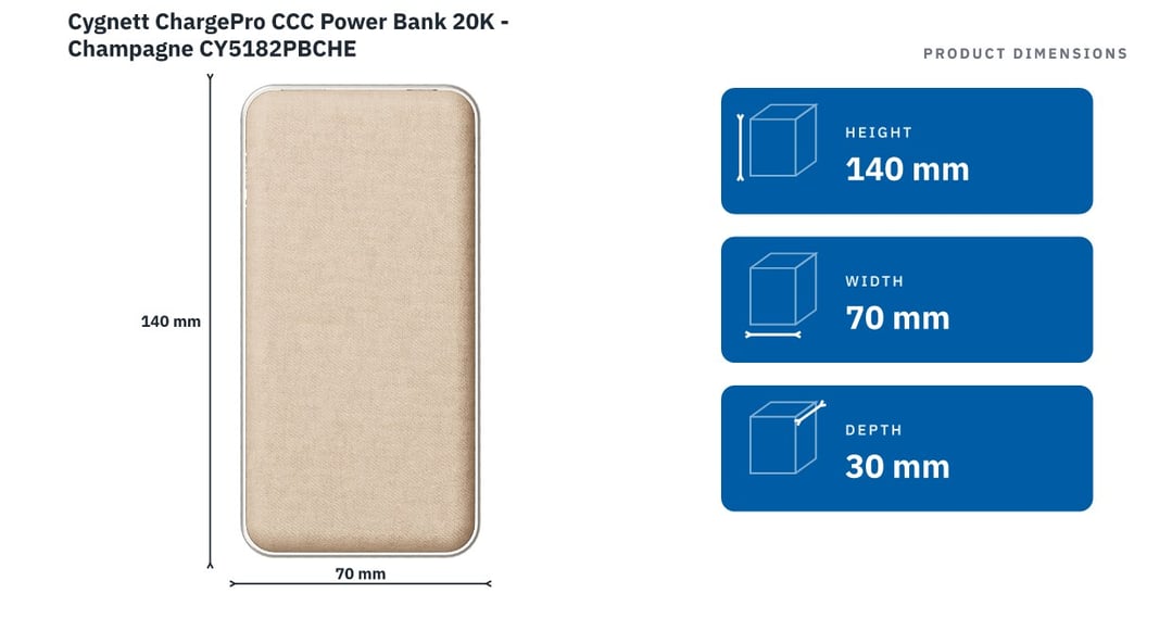 Cygnett ChargePro CCC Power Bank 20K - Champagne CY5182PBCHE — product dimensions