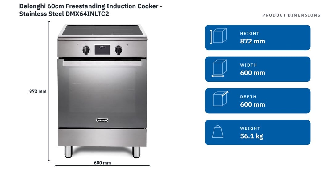Delonghi 60cm Freestanding Induction Cooker - Stainless Steel DMX64INLTC2