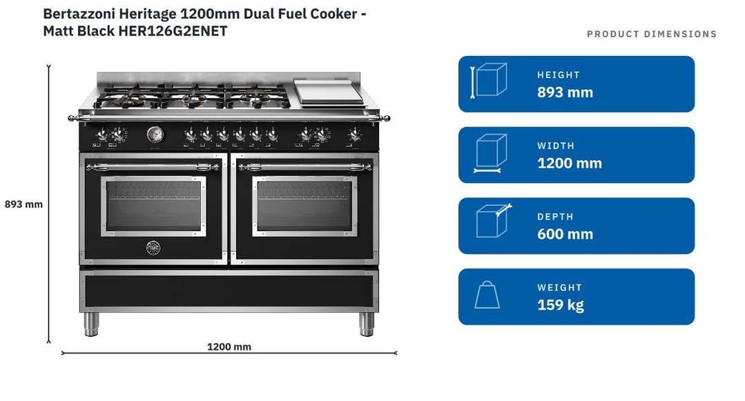Bertazzoni Heritage 1200mm Dual Fuel Cooker - Matt Black HER126G2ENET — product dimensions