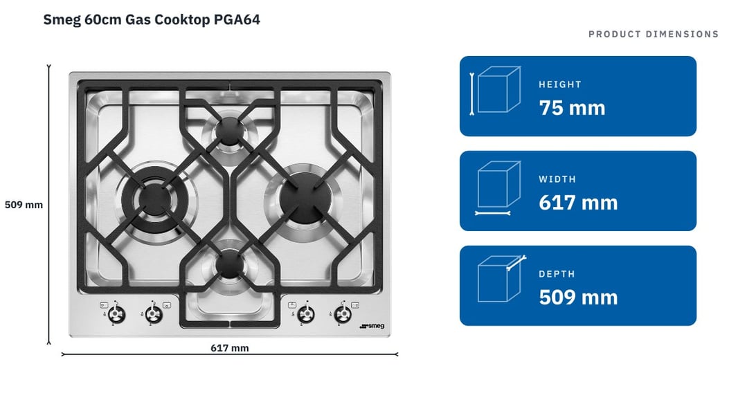 Smeg 60cm Gas Cooktop PGA64 — product dimensions