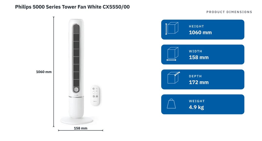 Philips 5000 Series Tower Fan White CX5550/00 — product dimensions