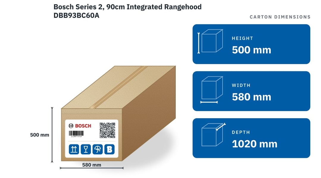 Bosch Series 2, 90cm Integrated Rangehood DBB93BC60A — packaged dimensions