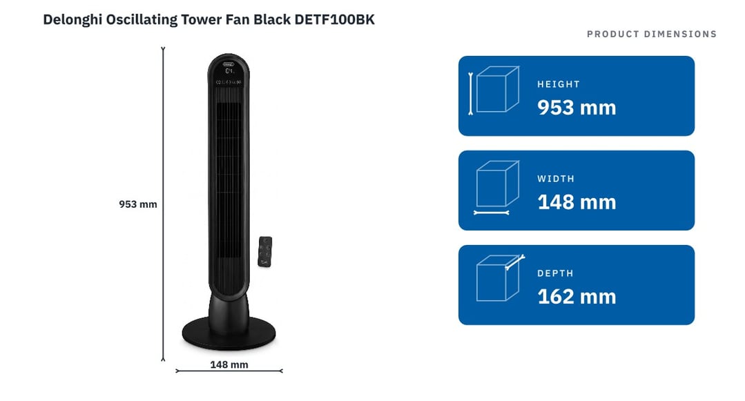 Delonghi Oscillating Tower Fan Black DETF100BK — product dimensions