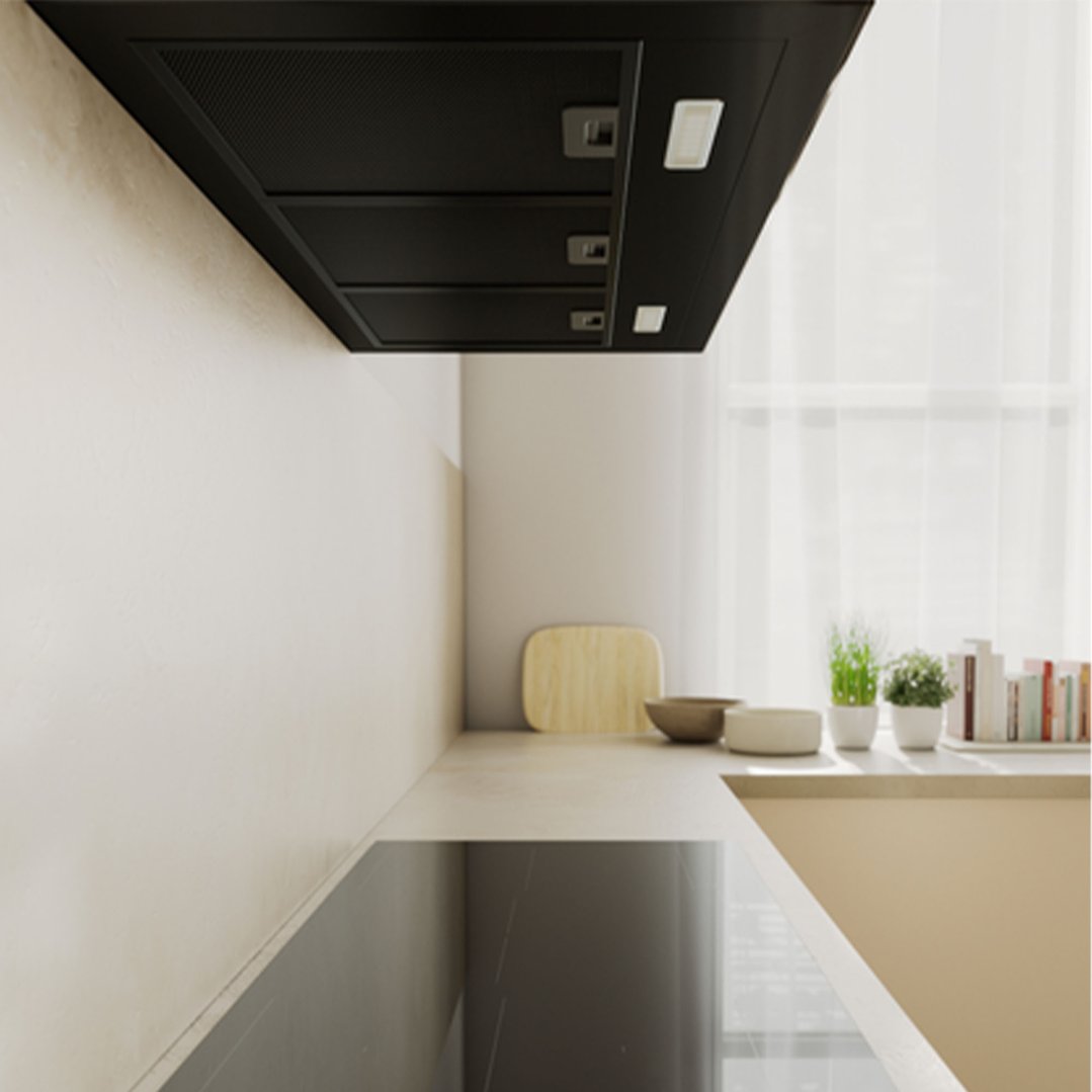 Black rangehood mounted above an induction cooktop in a modern kitchen