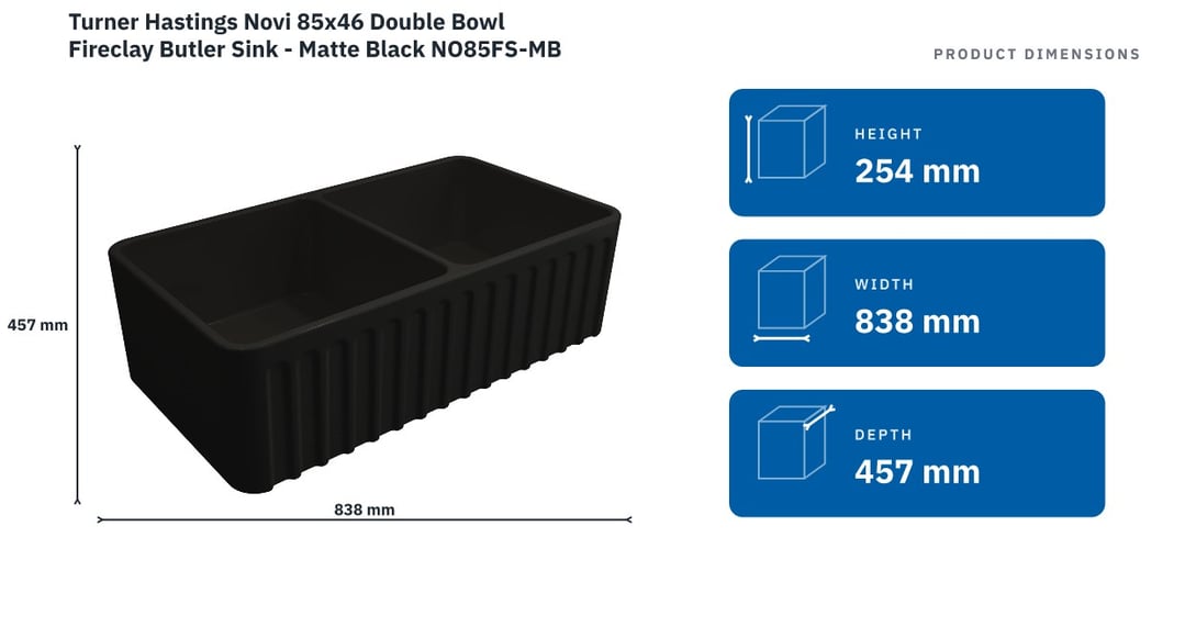 Turner Hastings Novi 85x46 Double Bowl Fireclay Butler Sink - Matte Black NO85FS-MB — product dimensions