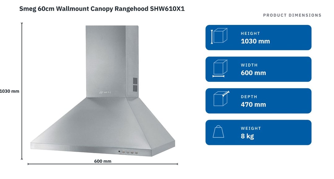 Smeg 60cm Wallmount Canopy Rangehood SHW610X1 — product dimensions