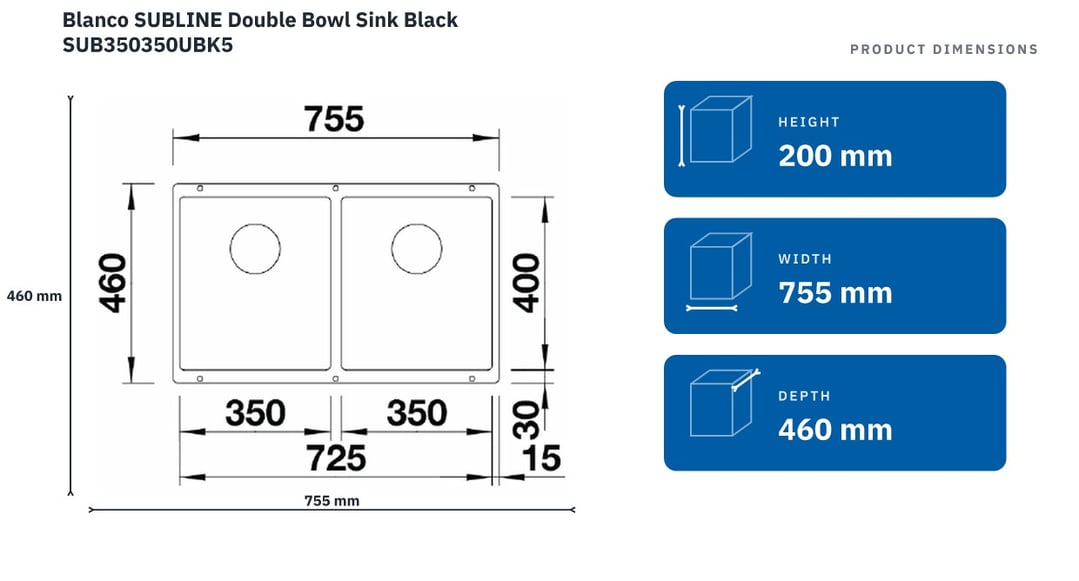 Blanco SUBLINE Double Bowl Sink Black SUB350350UBK5