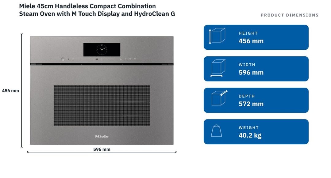 Miele 45cm Handleless Compact Combination Steam Oven with M Touch Display and HydroClean Graphite Grey DGC7840HCXPROGRGR — product dimensions