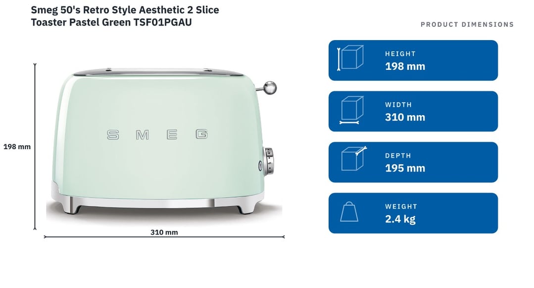 Smeg 50's Retro Style Aesthetic 2 Slice Toaster Pastel Green TSF01PGAU