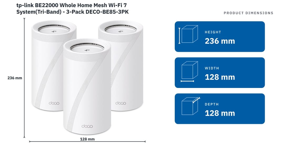 tp-link BE22000 Whole Home Mesh Wi-Fi 7 System(Tri-Band) - 3-Pack DECO-BE85-3PK — product dimensions