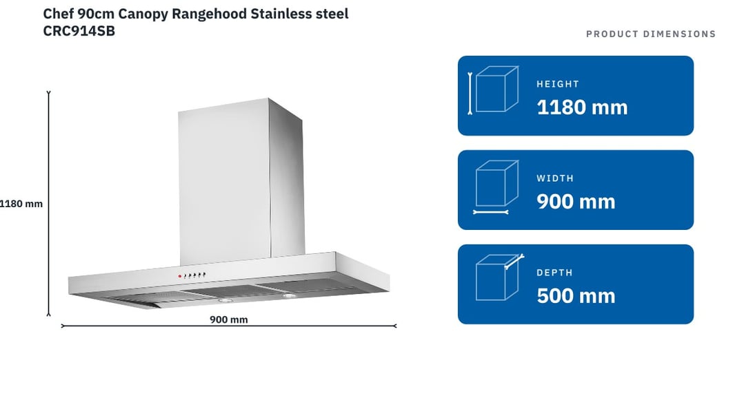 Chef 90cm Canopy Rangehood Stainless steel CRC914SB — product dimensions