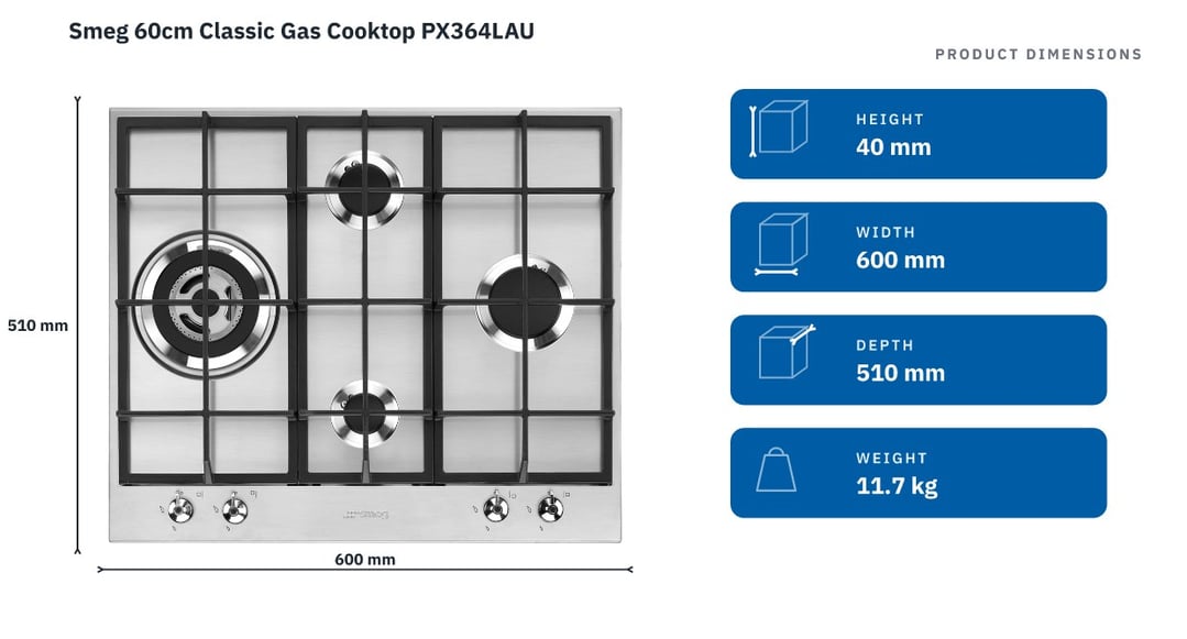 Smeg 60cm Classic Gas Cooktop PX364LAU — product dimensions