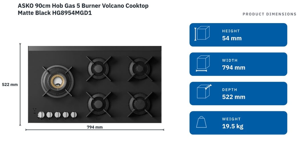 ASKO 90cm Hob Gas 5 Burner Volcano Cooktop Matte Black HG8954MGD1 — product dimensions
