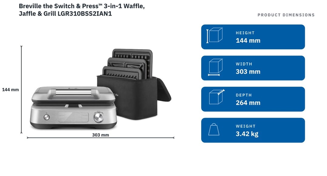 Breville the Switch & Press™ 3-in-1 Waffle, Jaffle & Grill LGR310BSS2IAN1 — product dimensions