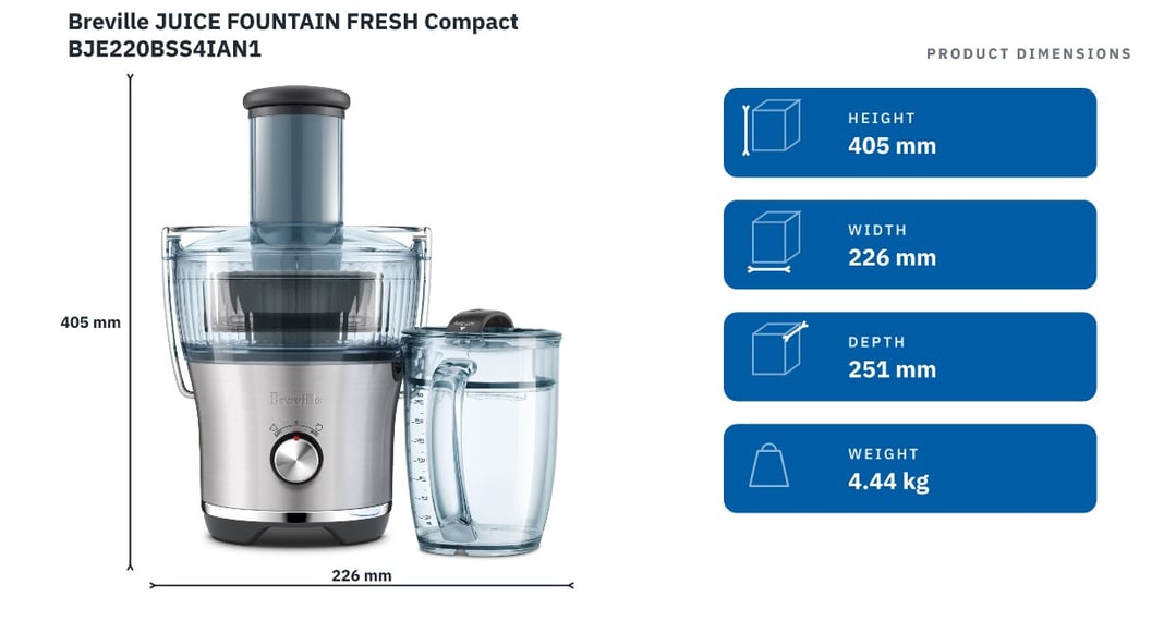 Breville JUICE FOUNTAIN FRESH Compact BJE220BSS4IAN1 — product dimensions