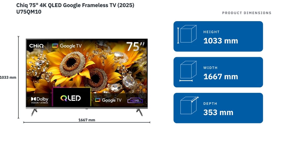 Chiq 75" 4K QLED Google Frameless TV (2025) U75QM10 — product dimensions