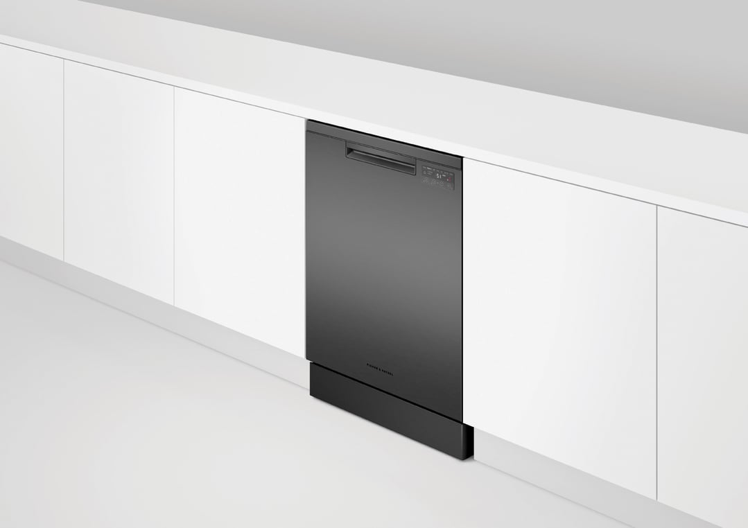Black built-in Fisher & Paykel dishwasher in a white kitchen cabinet setting