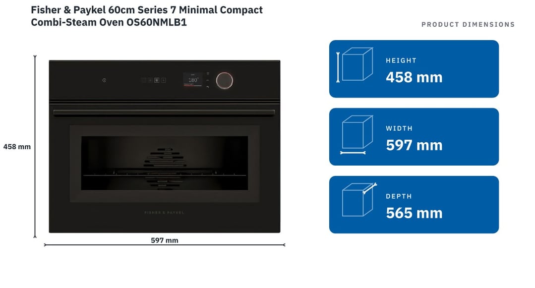 Fisher & Paykel 60cm Series 7 Minimal Compact Combi-Steam Oven OS60NMLB1 — product dimensions