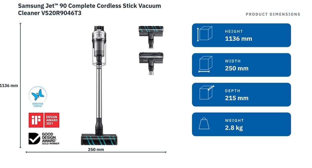 Samsung Jet™ 90 Complete Cordless Stick Vacuum Cleaner VS20R9046T3 — product dimensions