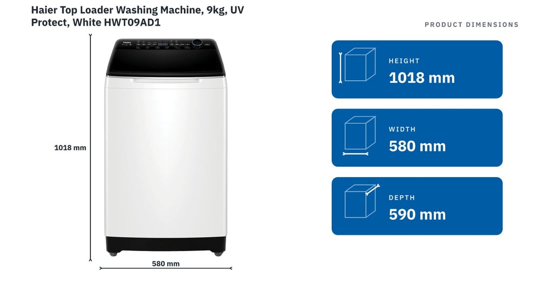 Haier Top Loader Washing Machine, 9kg, UV Protect, White HWT09AD1