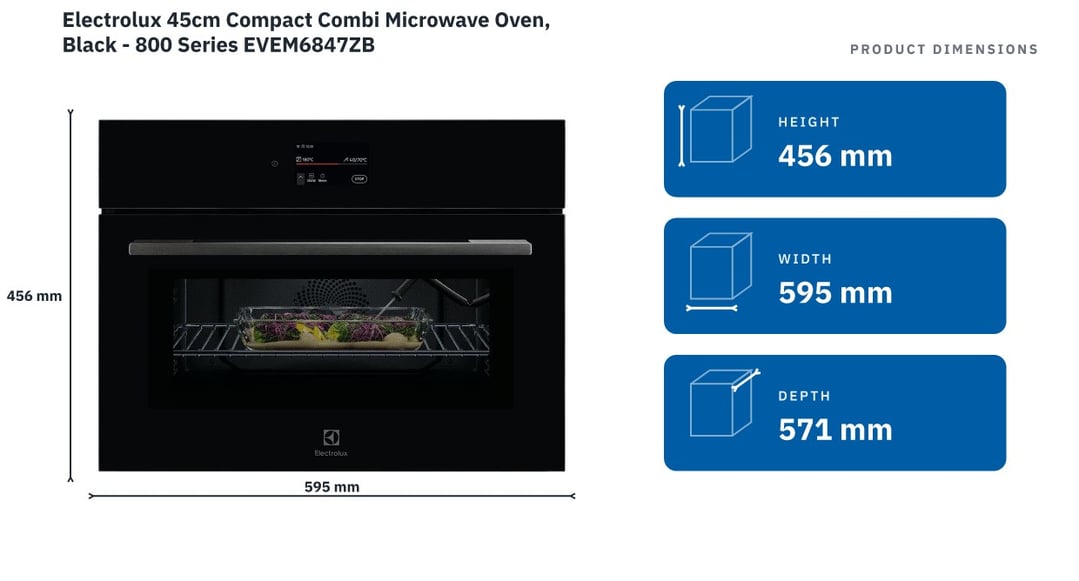 Electrolux 45cm Compact Combi Microwave Oven, Black - 800 Series EVEM6847ZB — product dimensions