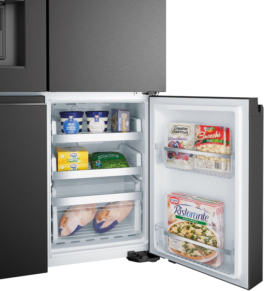 Open freezer compartment of a matte black quad door fridge filled with frozen food