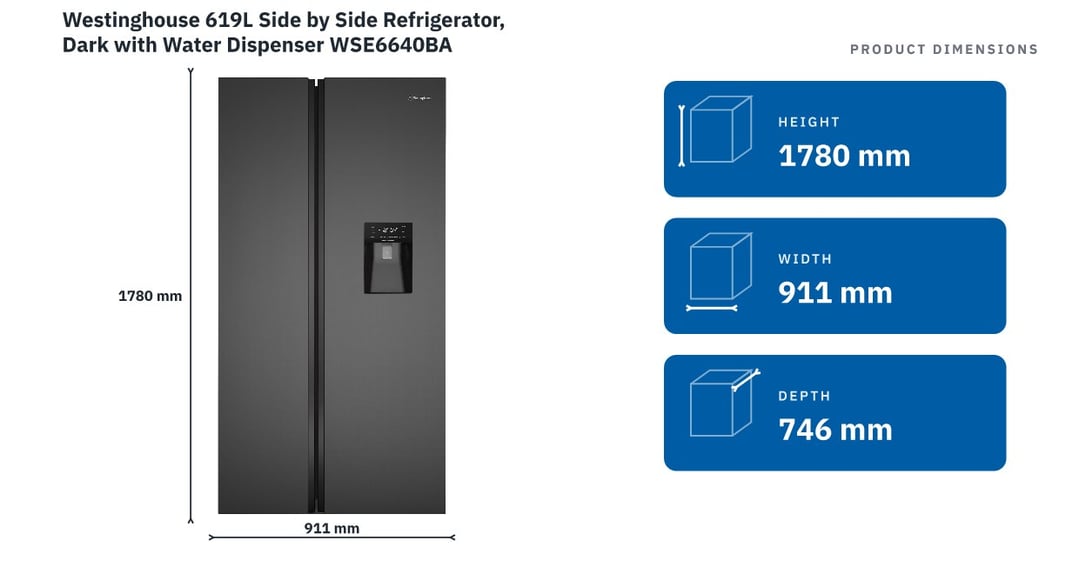 Westinghouse 619L Side by Side Refrigerator, Dark with Water Dispenser WSE6640BA — product dimensions