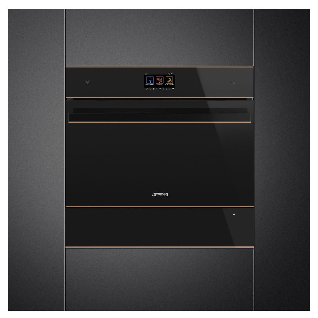 Black Smeg warming drawer with bronze accents built into dark cabinetry