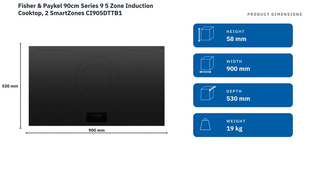 Fisher & Paykel 90cm Series 9 5 Zone Induction Cooktop, 2 SmartZones CI905DTTB1 — product dimensions