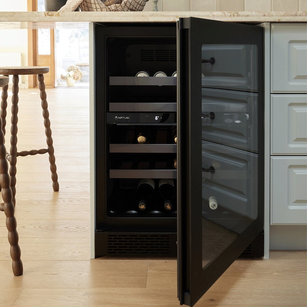 Artusi 37 bottle dual zone wine cooler built into a kitchen island