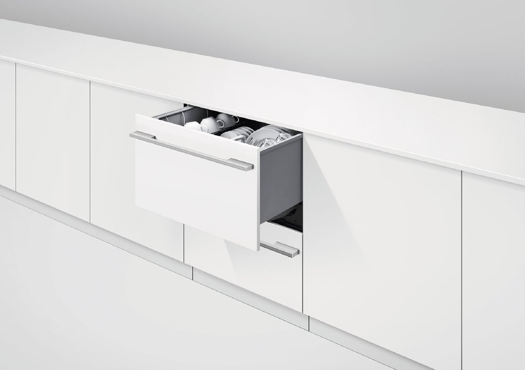 Integrated Double DishDrawer Dishwasher with top drawer open in a modern kitchen